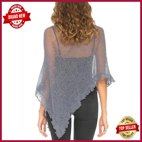 Lightweight Sheer Knit Poncho Shrug Pullover Sweater Top One Size - Picture 6 of 8